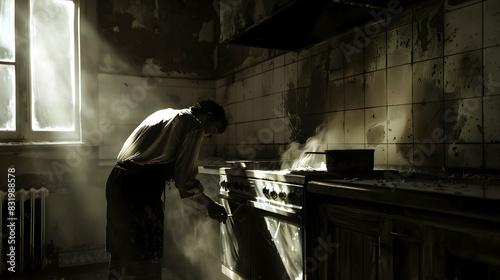 A dramatic image of a person scrubbing an old, stained oven with determination, illuminated by the harsh light of an open oven door, casting stark shadows on the kitchen walls. © Komkrit