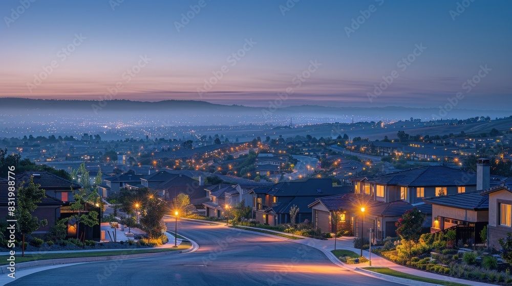 A panoramic view captures the beauty of a neighborhood at dusk, where twinkling lights and welcoming homes promise comfort and security.