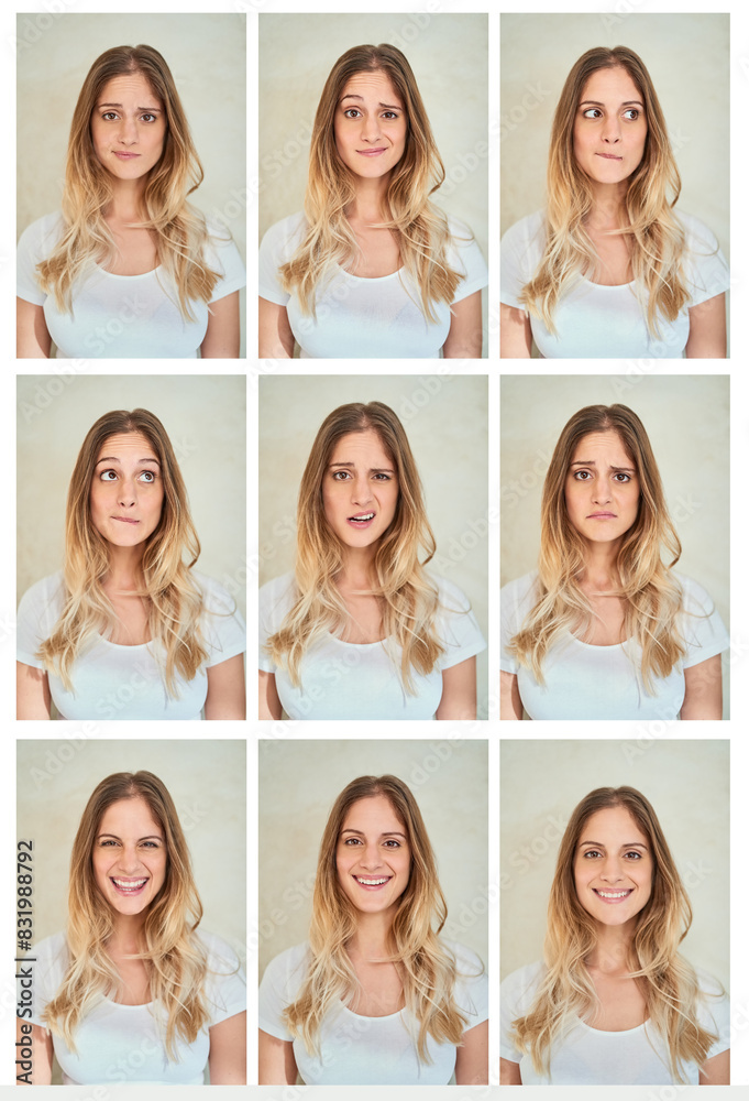Collage, expression and portrait of woman in studio on gray background for funny face or emotion. Beauty, happy and smile with person in collection, montage or series for identity and personality Collage, expression and portrait of woman in studio on gray background for funny face or emotion. Beauty, happy and smile with person in collection, montage or series for identity and personality