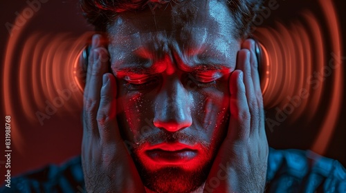 A man holds his head with a pained expression on his face, hearing a high-frequency noise sound in his ears. have tinnitus - noise whistling in ears There are symptoms of illness.
