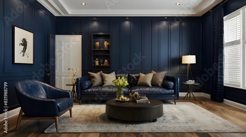 Contemporary living room with dark blue wall and leather seat on wood floors