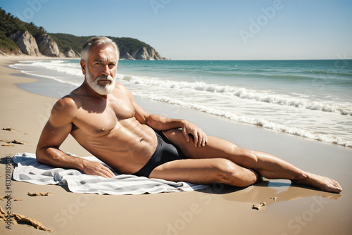 mature man in black swimming trunks at the beach