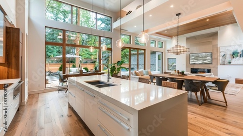Bright Kitchen interior in a new luxury home with kitchen island and wooden floor, white center counter, wooden dining table and long glass windows