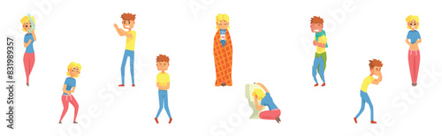 Sick Man and Woman Character Feel Unwell Look Unhappy Vector Set