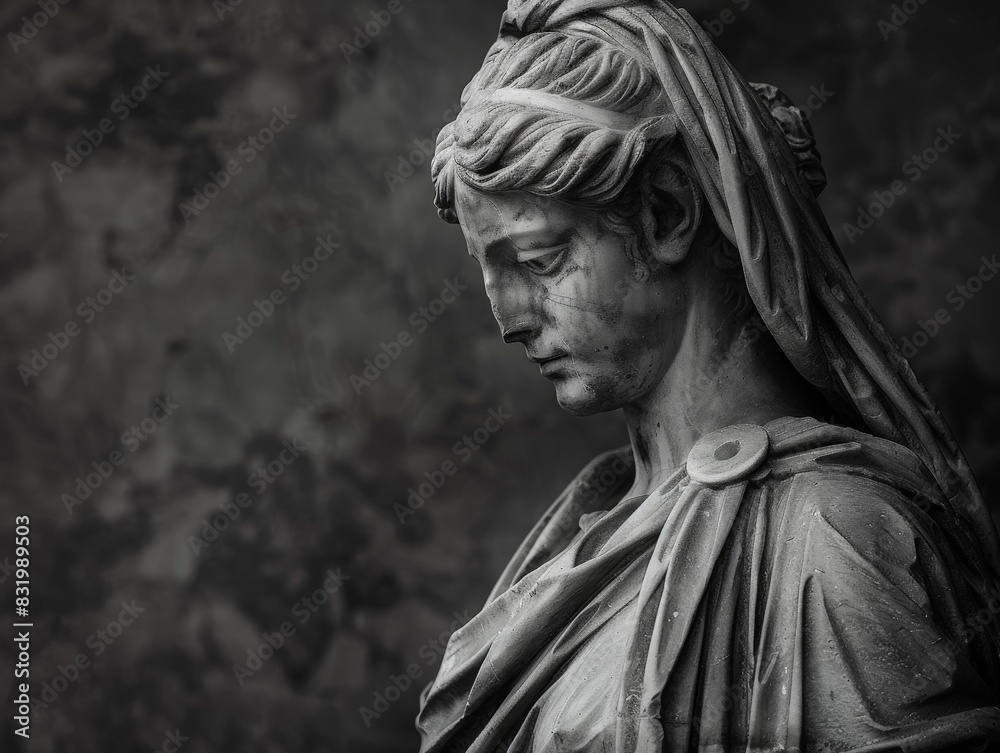 Weathered stone statue with flowing drapery Weathered stone statue with flowing drapery