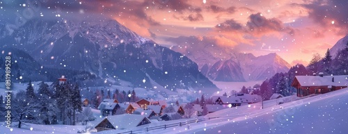 Snowy mountain village at sunset with pink clouds photo