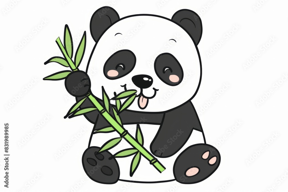 Cartoon cute doodles of a black and white panda eating bamboo, Generative AI