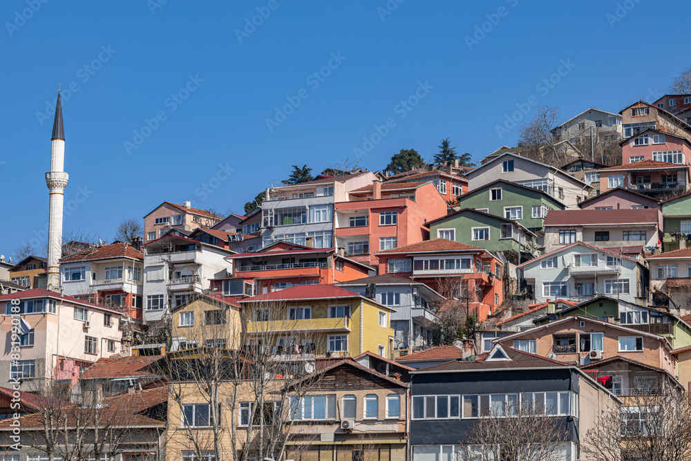 Naklejka premium Istanbul panorama. Old Istanbul houses stacked on top of each other, Istanbul houses on the slope of a hill