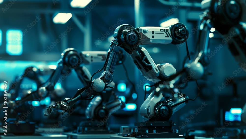 a group of robotic arms working in an industrial factory a group of robotic arms working in an industrial factory