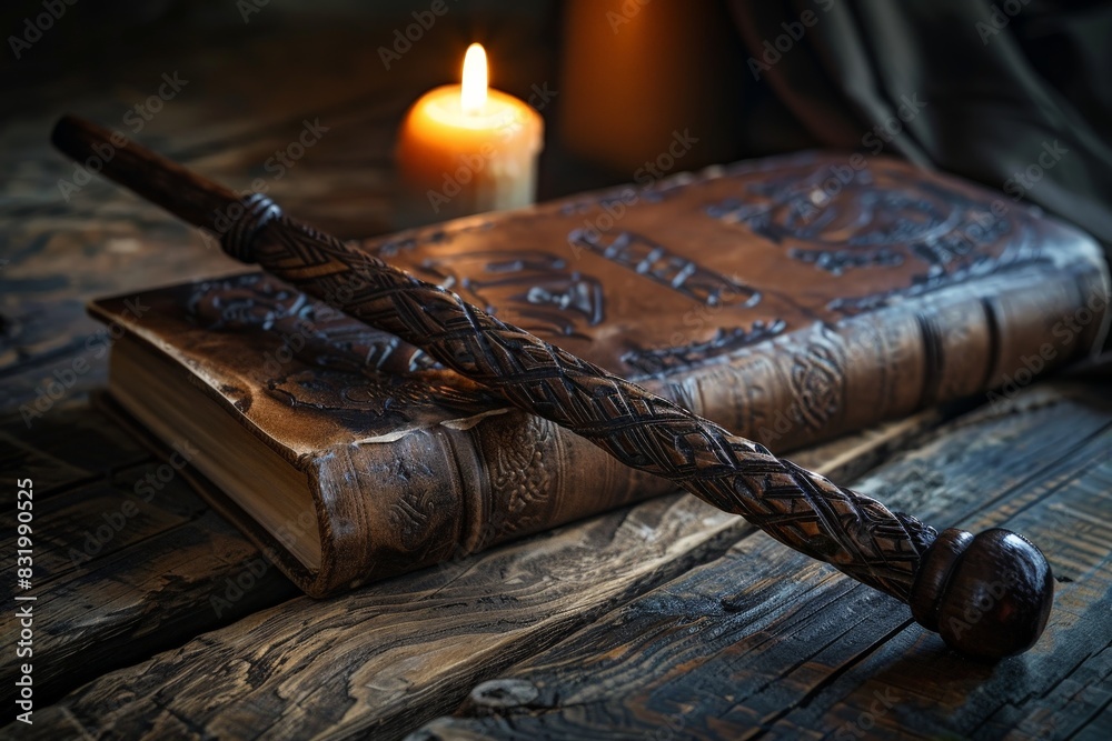 Mystical book with candle and braided wand on wooden table