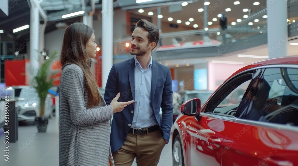 A Car representative explaining features and qualities to customer in modern car show room