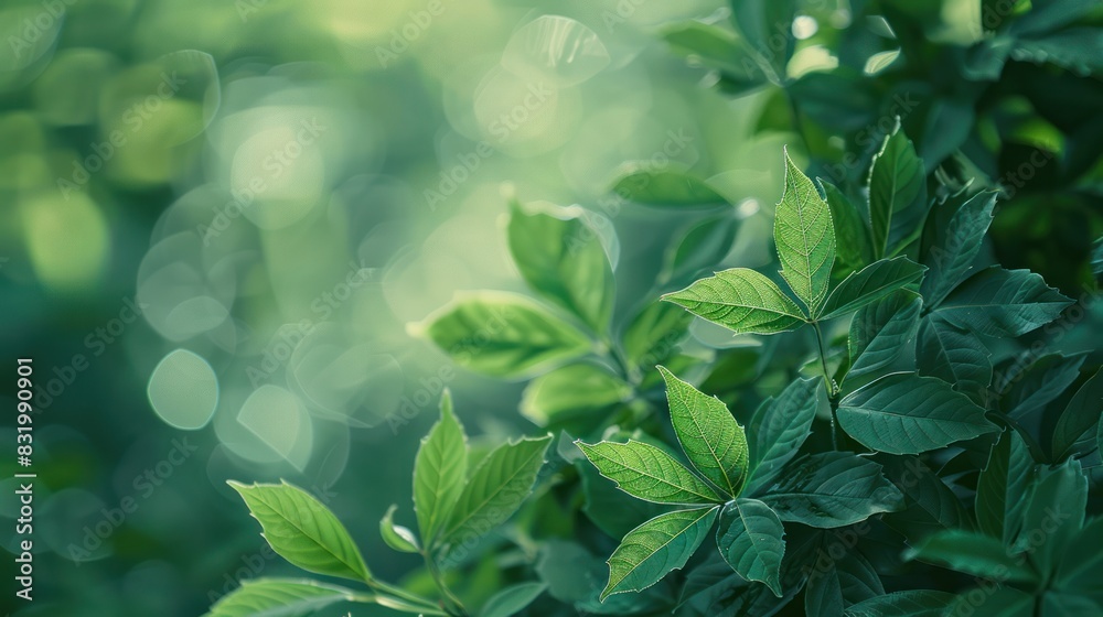 Green Blurred bokeh with soft spring green leafs as frame and free space for text,