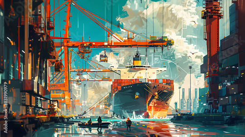 A bustling seaport with a large cargo ship docked and cranes loading shipping containers onto the vessel. Generative AI illustration  photo