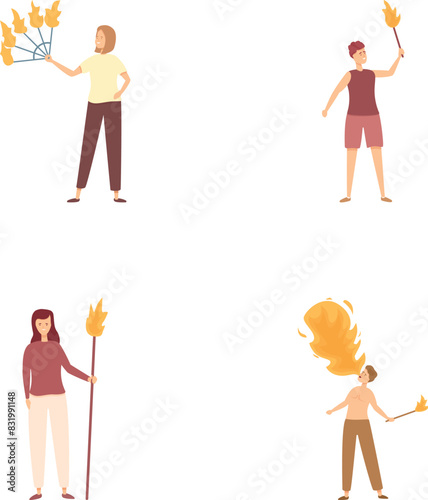 Collection of diverse characters holding fiery torches in a flat design illustration
