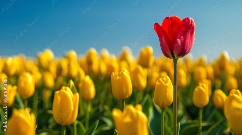 Vibrant tulip field with a single red tulip Vibrant tulip field with a single red tulip