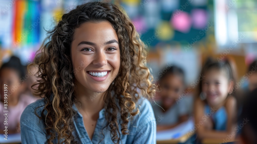 Smiling teacher leading a classroom discussion, engaging students with interactive learning activities and colorful visual aids Smiling teacher leading a classroom discussion, engaging students with interactive learning activities and colorful visual aids