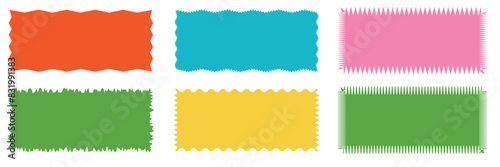 Rectangle Geometric shape frame with wavy edges. Zigzag Wavy Edge rectangle shapes elements set. Vector wavy badge for stickers, banner, social media template, poster, frame.  Vector illustration.