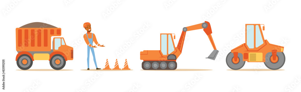 Smiling Man Road Construction and Repair Worker In Uniform with Heavy Machinery Vector Set