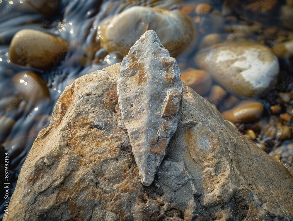 Closeup of a weathered stone arrowhead on a rocky shore Closeup of a weathered stone arrowhead on a rocky shore
