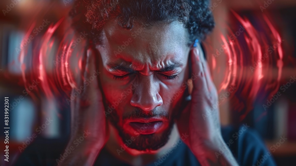 a man holding his head in pain, with red sound waves around his head. a man holding his head in pain, with red sound waves around his head.