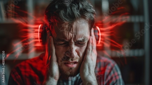 A man wearing headphones has his hands to his head and looks like he's in pain. There are red sound waves around his head.