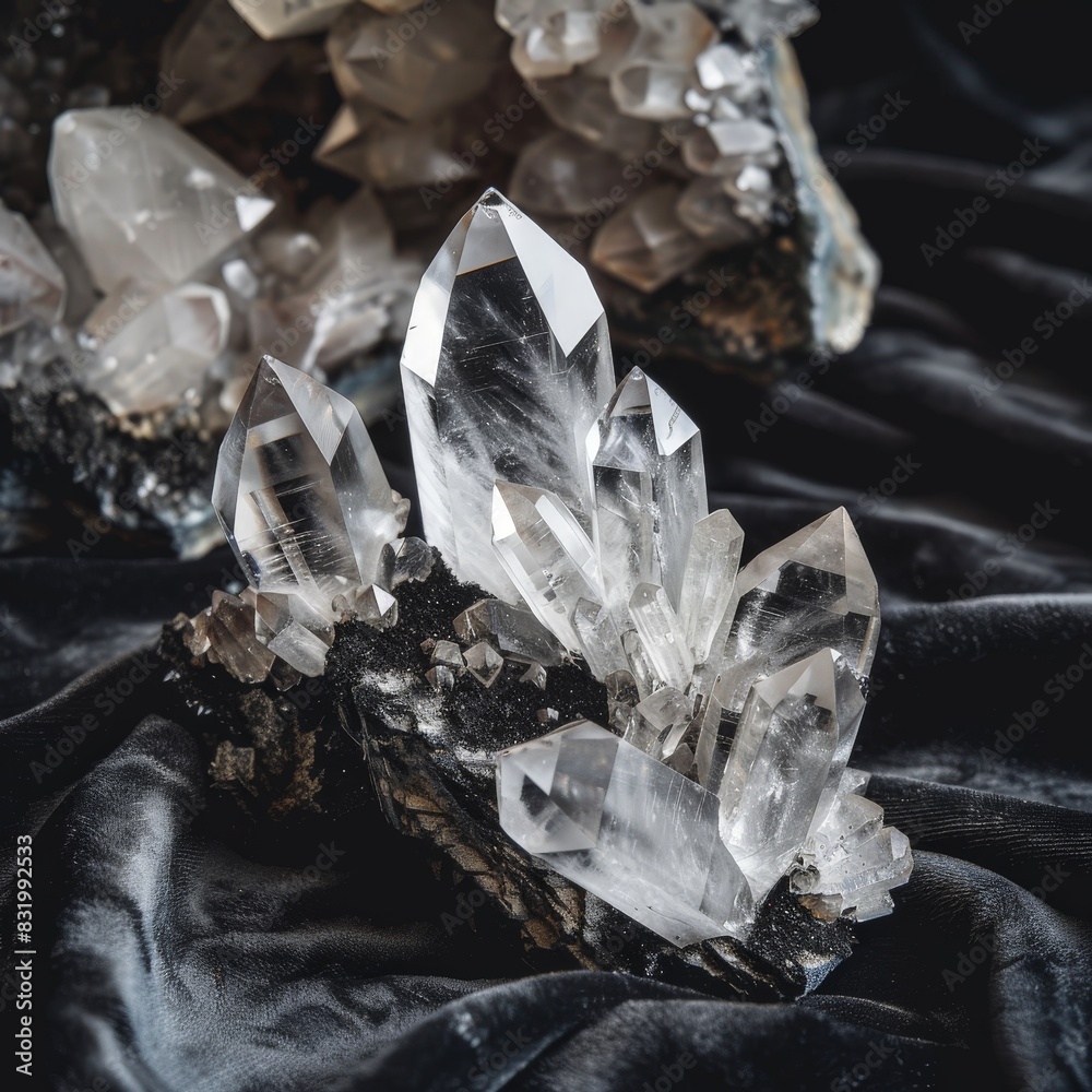 Cluster of natural quartz crystals on dark background