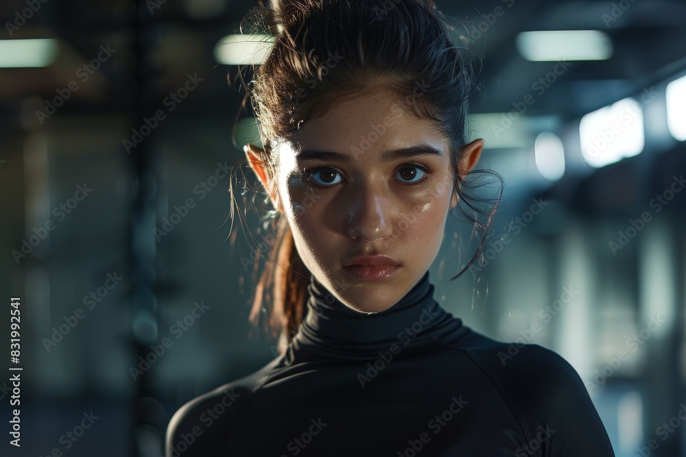 Obraz premium Intense gaze of a young woman in a dark environment