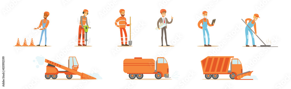 Smiling Man Road Construction and Repair Worker In Uniform with Heavy Machinery Vector Set