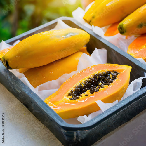 Papaya fruit in plastic box on wooden boş in the blurred garden, Healthy life concept photo