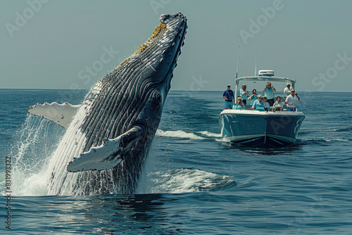 A majestic whale breaches the surface near a boat filled with spectators © Venka