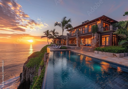 A lavish beachfront mansion adorned with modern architecture, the infinity pool reflects the vibrant hues of the sunset while palm trees sway gently in the breeze.