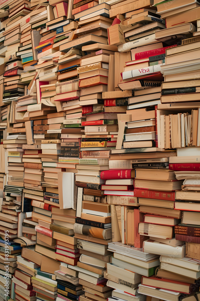 A towering stack of books reaches high, each book neatly aligned atop the other creating a stable and impressive structure A towering stack of books reaches high, each book neatly aligned atop the other creating a stable and impressive structure