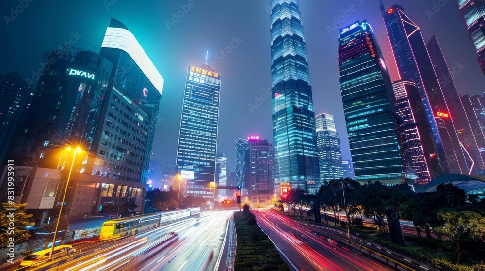 Shenzhen city buildings at night and blurred