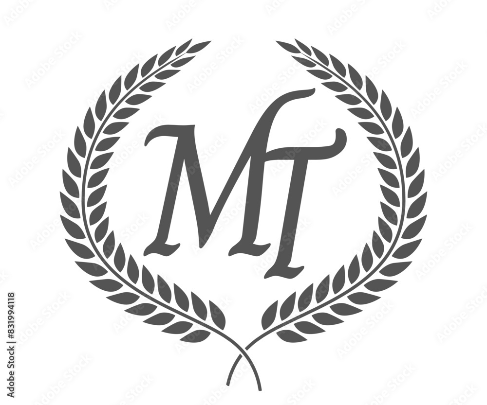 Initial letter M and T, MT monogram logo design with laurel wreath. Luxury calligraphy font. Initial letter M and T, MT monogram logo design with laurel wreath. Luxury calligraphy font.
