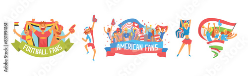 Cheering Happy Crowds Of Supporting National Sport Team Fans and Devotees With Banner Vector Set photo