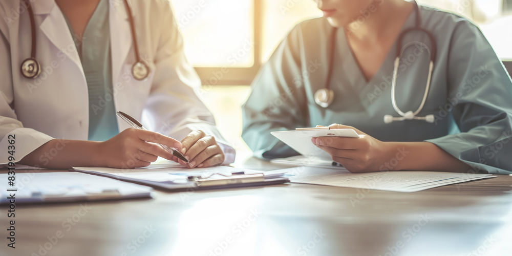 Two healthcare workers are focused on writing notes, with one holding a clipboard and the other a tablet, in a warm light setting Two healthcare workers are focused on writing notes, with one holding a clipboard and the other a tablet, in a warm light setting