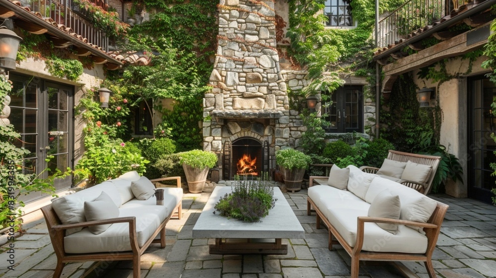 Fototapeta premium Cozy patio with a fireplace and white sofa set with fresh green plants