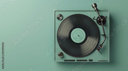 A record player with a vinyl record is mounted on a wall, ready to play music