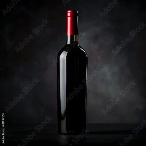 A bottle of wine is sitting on a dark surface