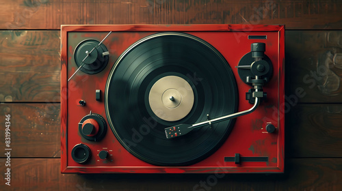 A bright red vintage vinyl record player spins a black record on a rustic wooden table, evoking a nostalgic ambiance