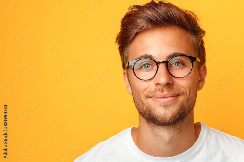 Fototapeta premium Portrait of handsome young modern man wearing eyeglasses and white tee shirt looking at camera and smiling in front of yellow background.