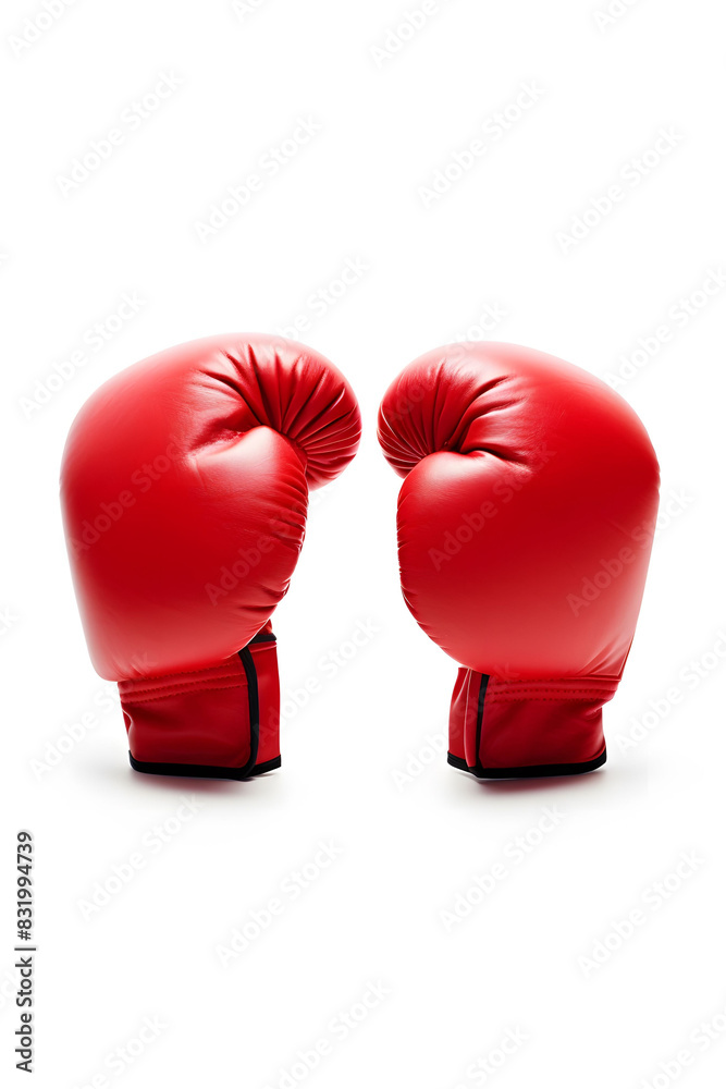 Pair of bright red boxing gloves laid out neatly on a plain white background, ready for action