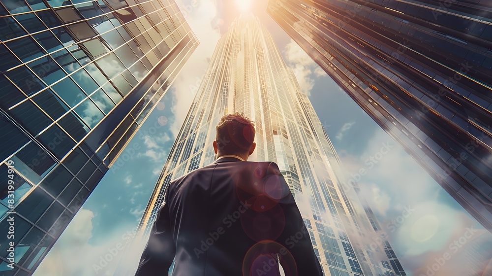 A man in a business suit standing in front of a giant skyscraper ...