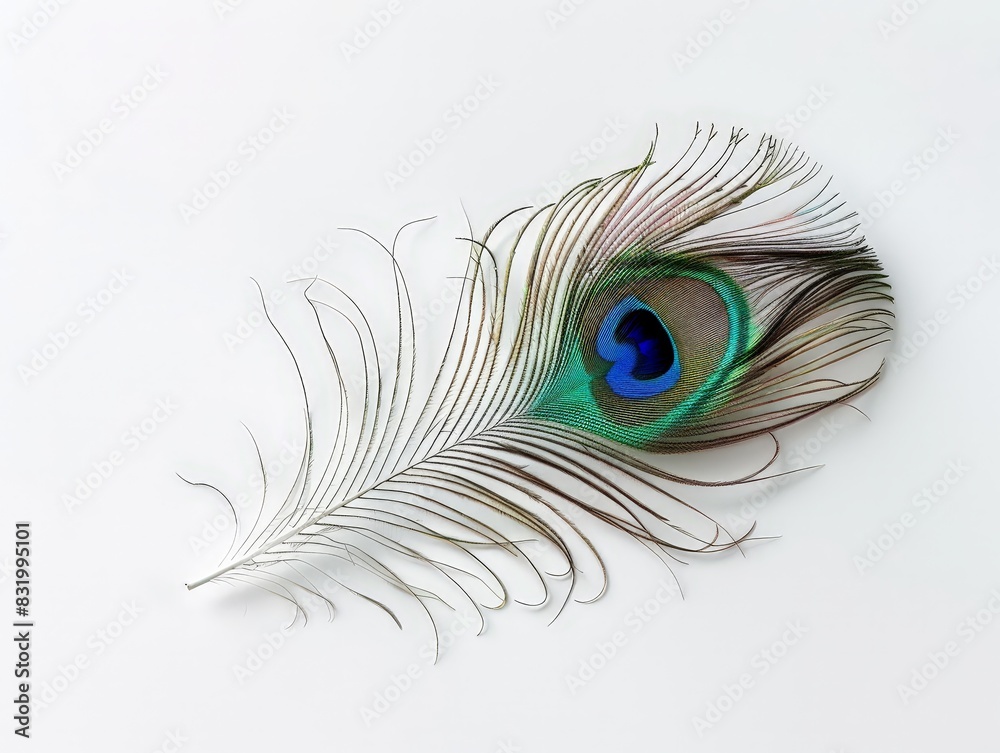 Obraz premium Vibrant peacock feather against a white background
