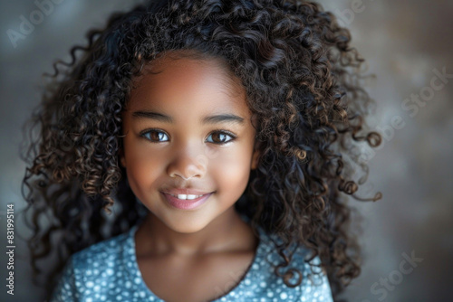 Delightful young African American girl with curly hair, beaming at the camera in pure joy