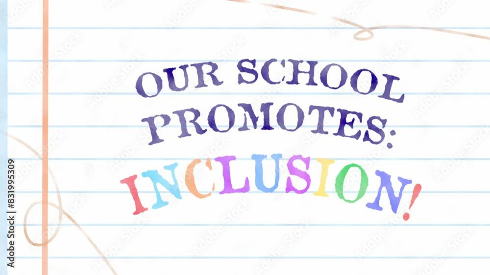 „Our school promotes: Inclusion!“ being written on a textbook textured background. School themed animation. „Our school promotes: Inclusion!“ being written on a textbook textured background. School themed animation.