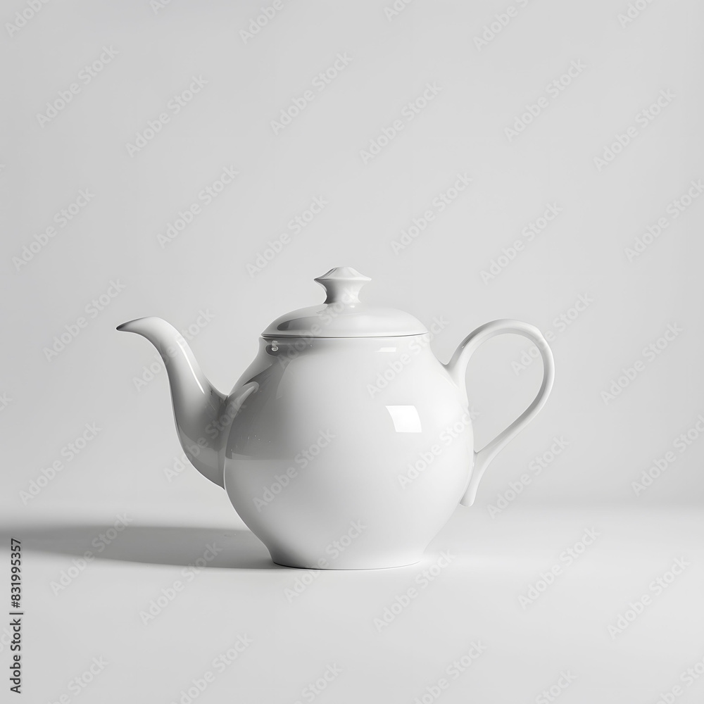 A simple white teapot rests on a wooden table A simple white teapot rests on a wooden table