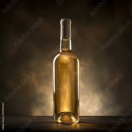A bottle of white wine is sitting on a table