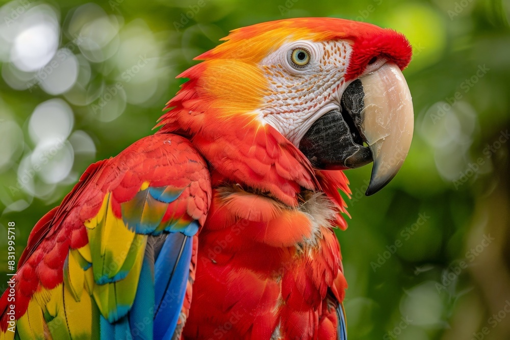 Naklejka premium Vibrant red parrot with yellow and blue feathers