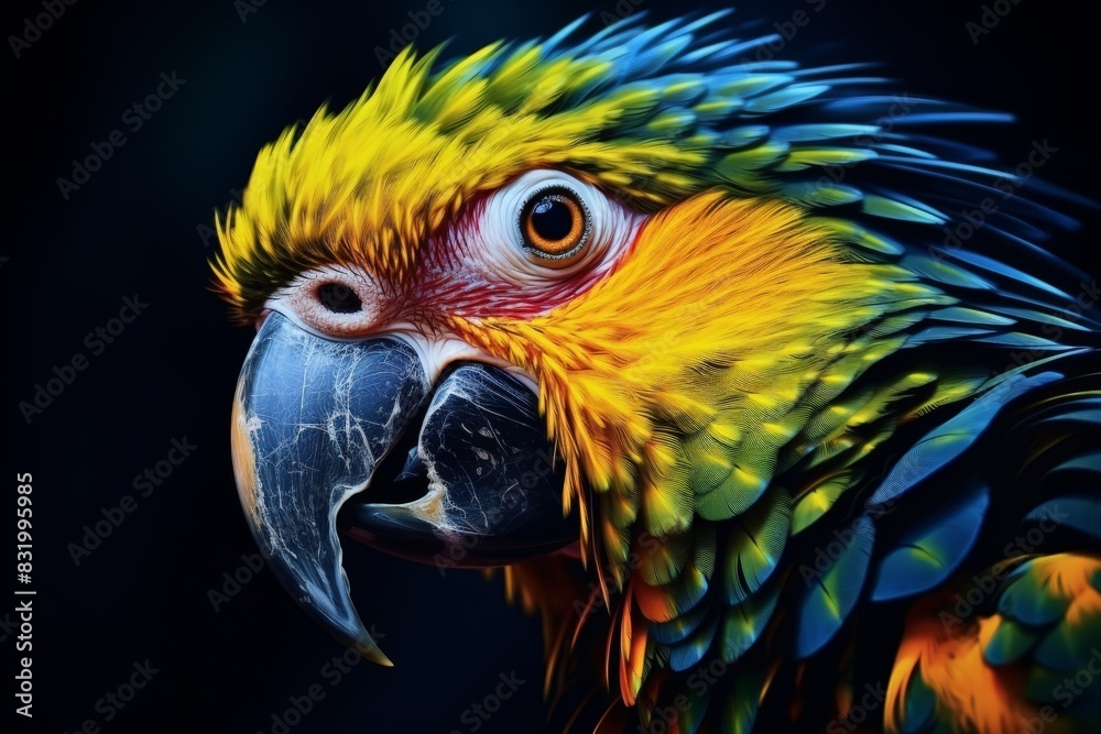 Vibrant parrot with striking feathers and piercing eyes